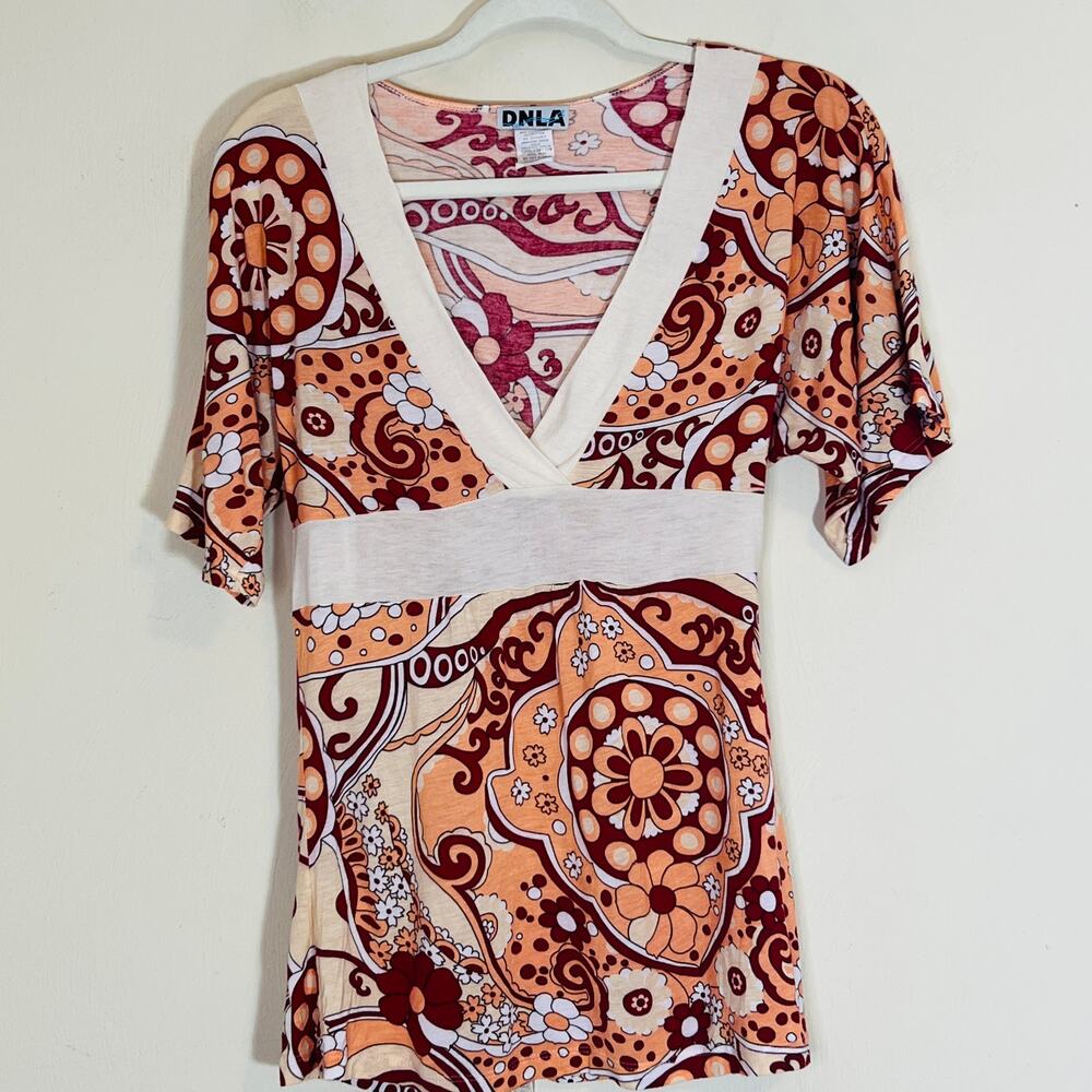 Y2K Babydoll Top Retro Floral Print Large White Red Peach Vintage Flowercore